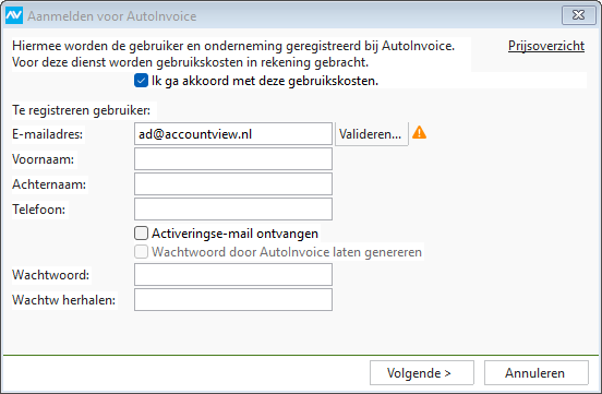 av-sup starten AUINV velden aanmeld 1e keer