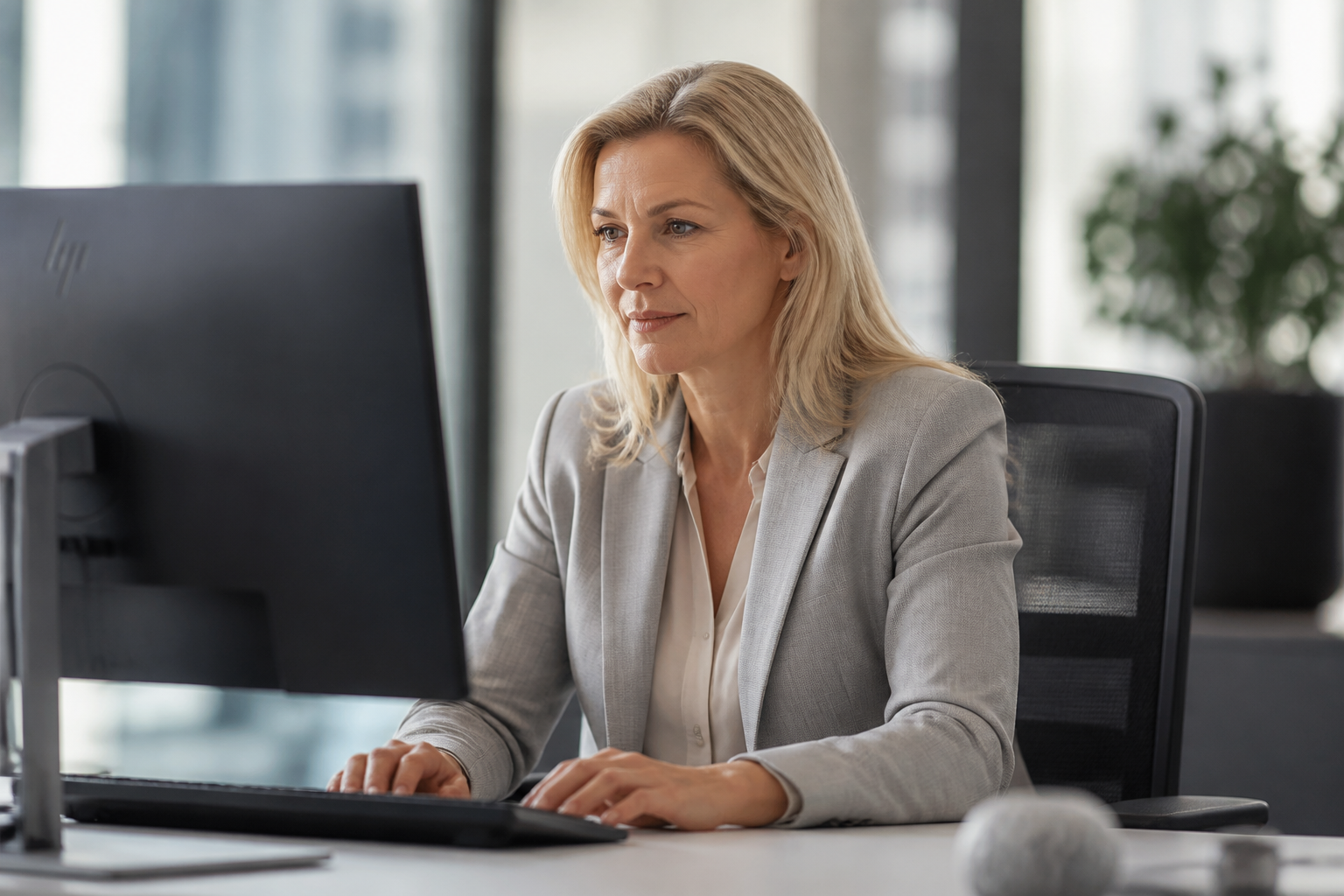 Middelagede Vrouw aan Computer in Zakelijke Omgeving